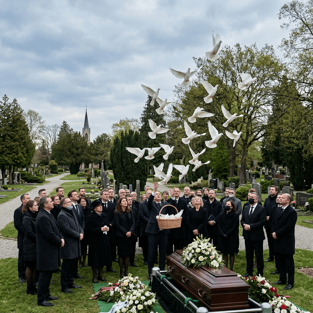 Group of people dressed in black releasing white doves at a cemetery beside a casket